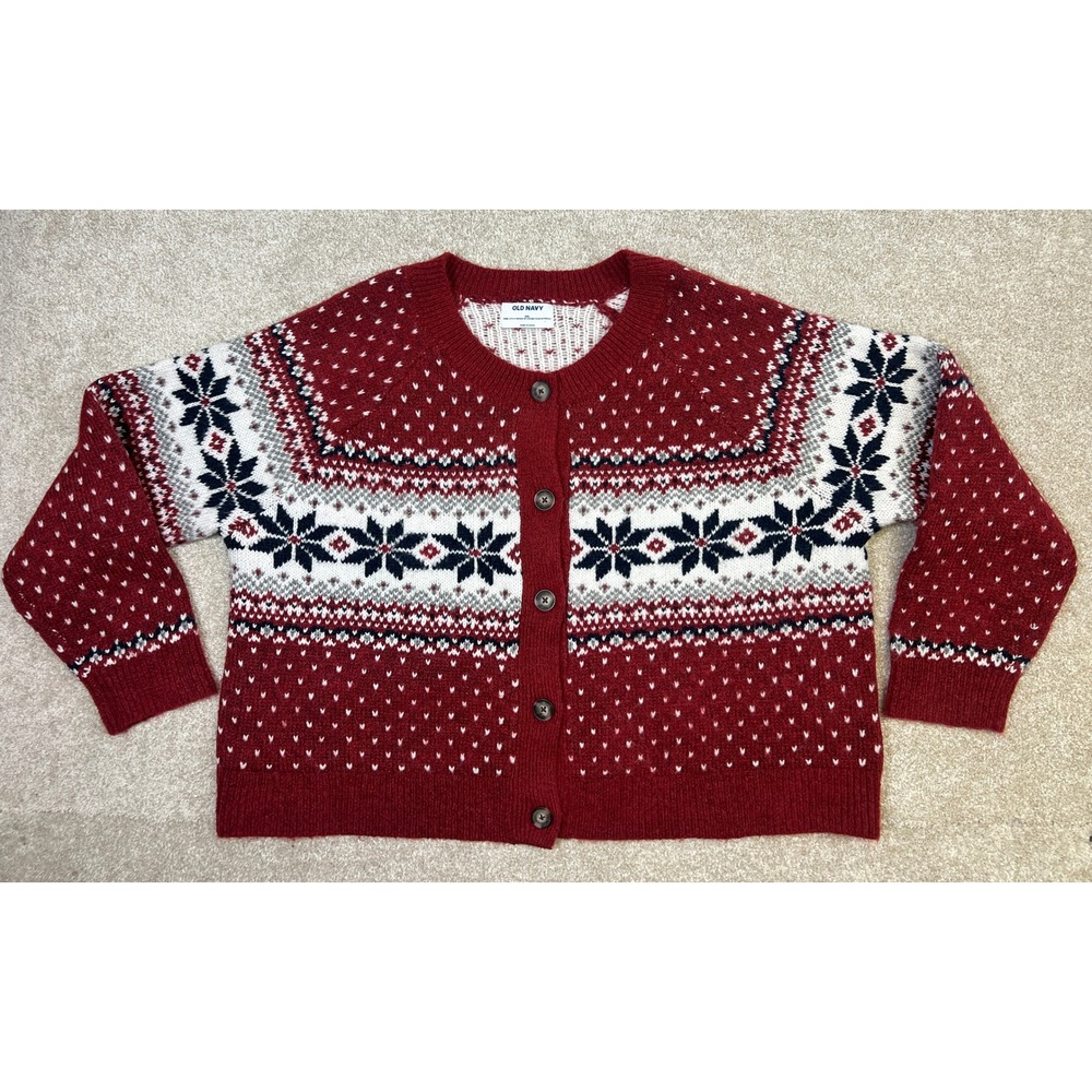 Old‎ Navy Red Snowflake Fair Isle Knit Button Front Cardigan Sweater Women's XXL